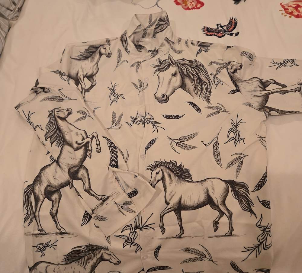 Men's White Horse Print Button-Up Shirt